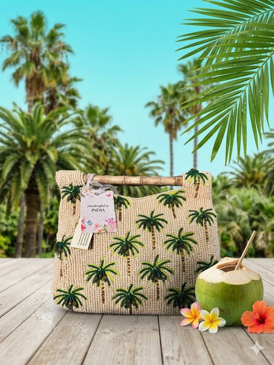 Handbags - Handcrafted Palm Bead Tote Bag — Cream & Green